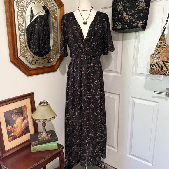 Twik by Simons Black & Pink Floral Pattern Flutter Sleeve Dark Femme Maxi Dress - Picture 1 of 8